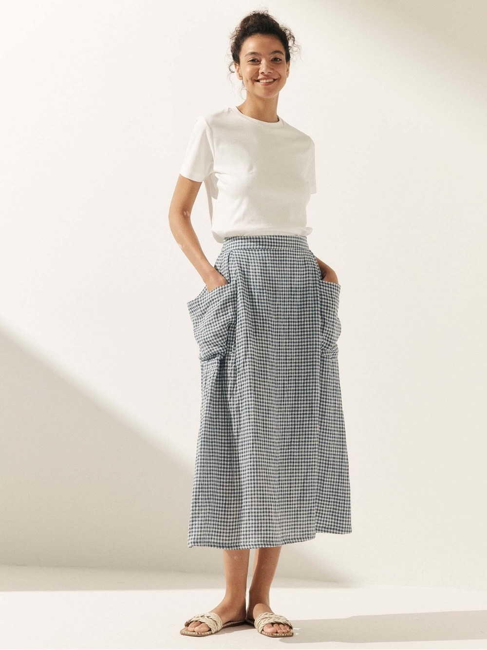 Lintico Marina Linen Checked Elastic Waist dusty blue minimalist utility skirt - Picture 2 of 10